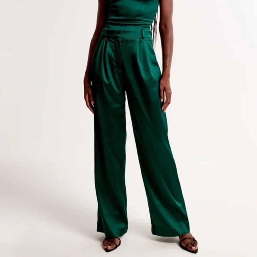 Abercrombie & Fitch Sloane Tailored Deep Green Satin Pants Sz 31 - Picture 2 of 8